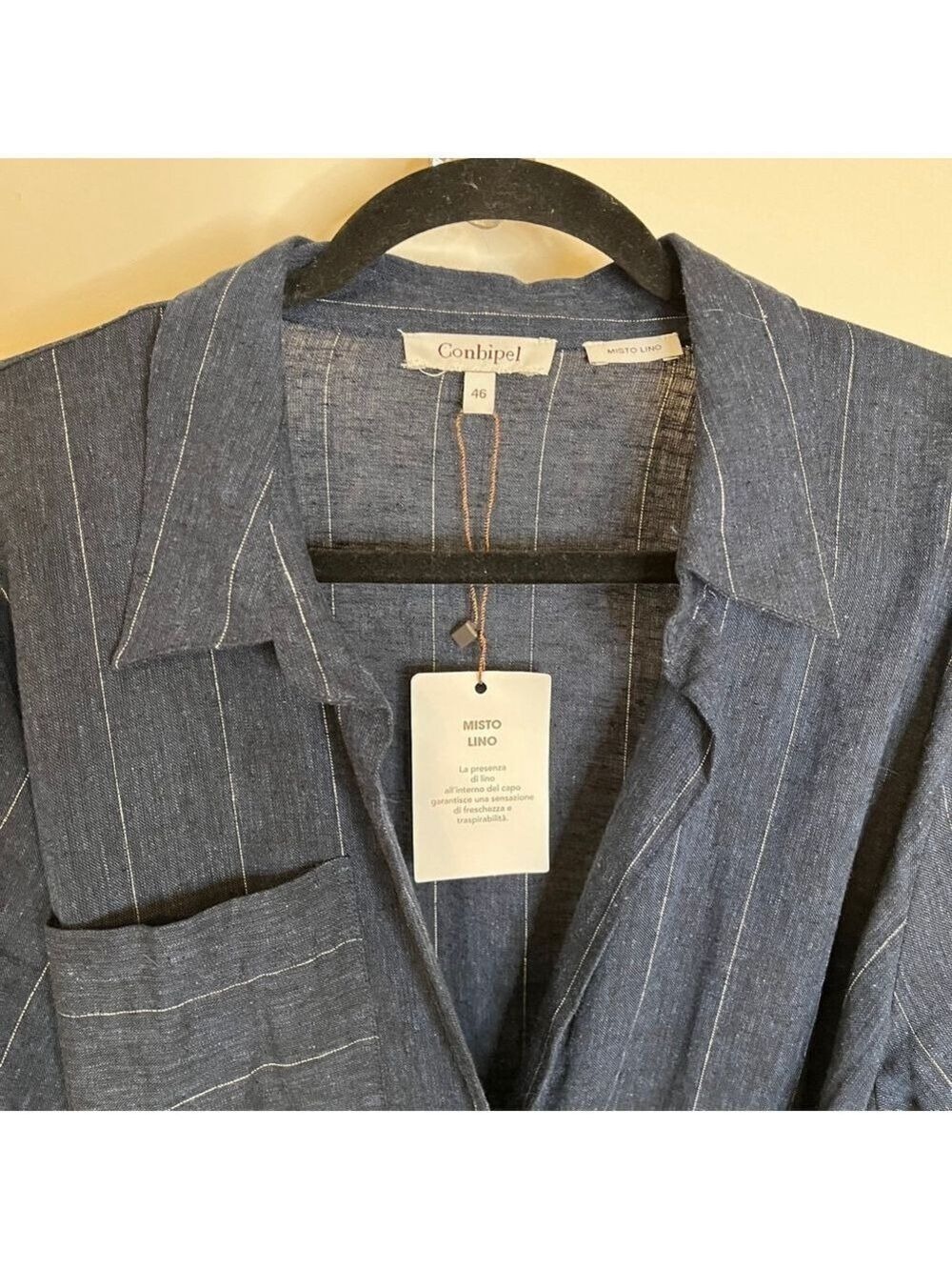 NWT Linen Blend Wrap Maxi Dress Conbipel Navy Pinstripe Italian L/XL - Picture 6 of 15